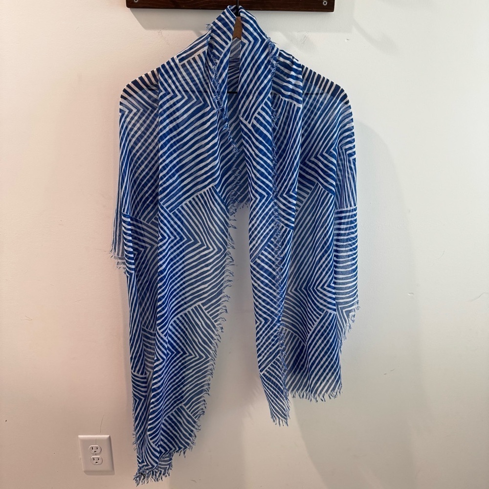 Echo Blue White Stripe Fringe Trim Lightweight Scarf‎